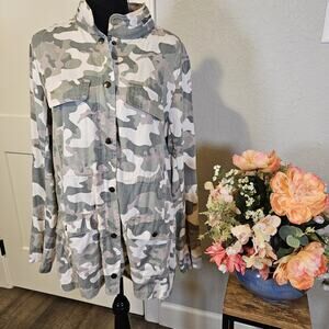 Dear John Camo Utility Field Jacket Military Style Button Front Women M Tencel